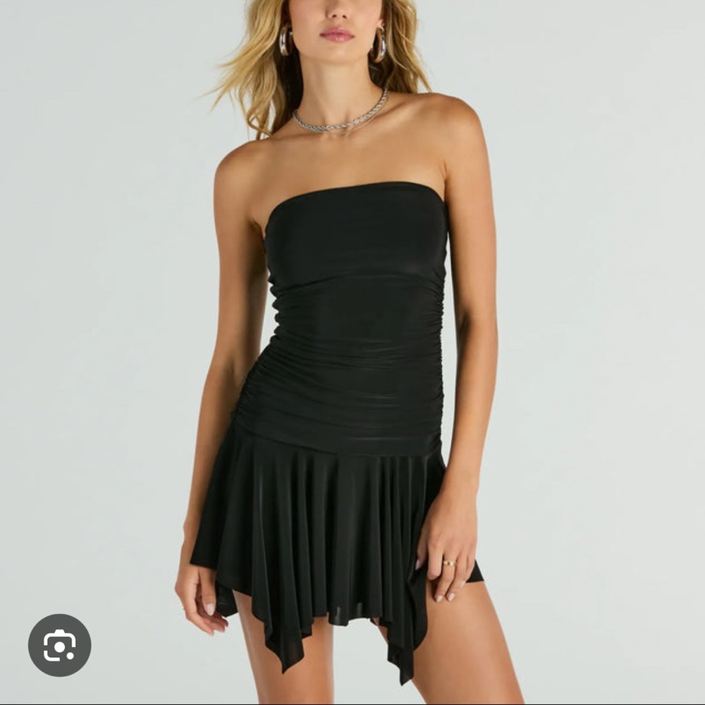 Black Strapless Ruched Fit and Flare Dress